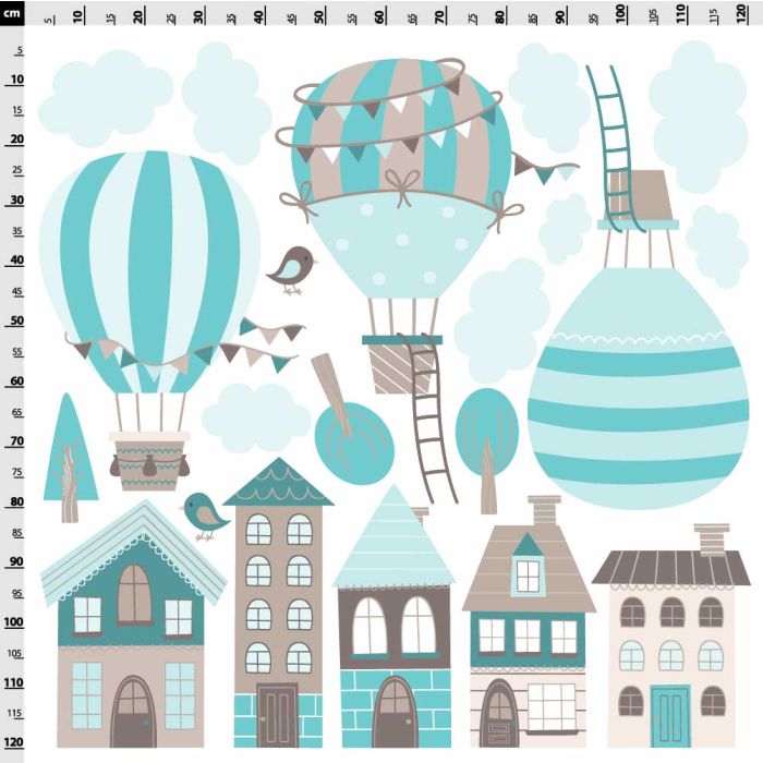 Heißluftballons über Häusern türkis