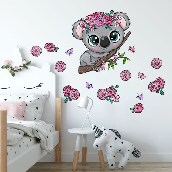 Koala mit Blumen und Schmetterlingen