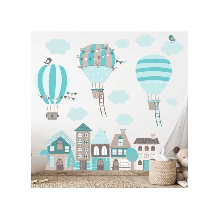 Heißluftballons über Häusern türkis