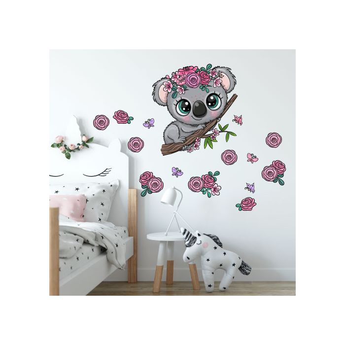 Koala mit Blumen und Schmetterlingen
