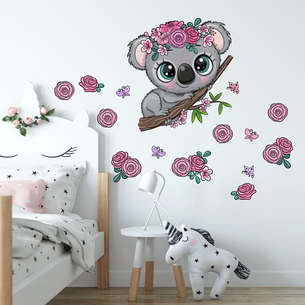 Koala mit Blumen und Schmetterlingen