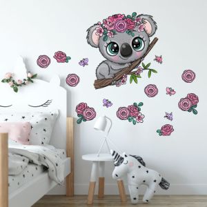 Wandsticker Koala mit Blumen und Schmetterlingen