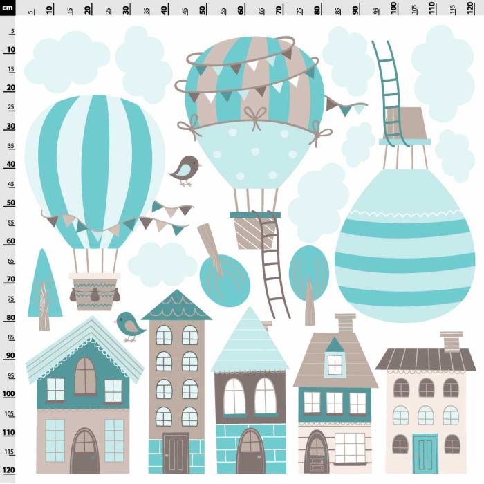 Heißluftballons über Häusern türkis