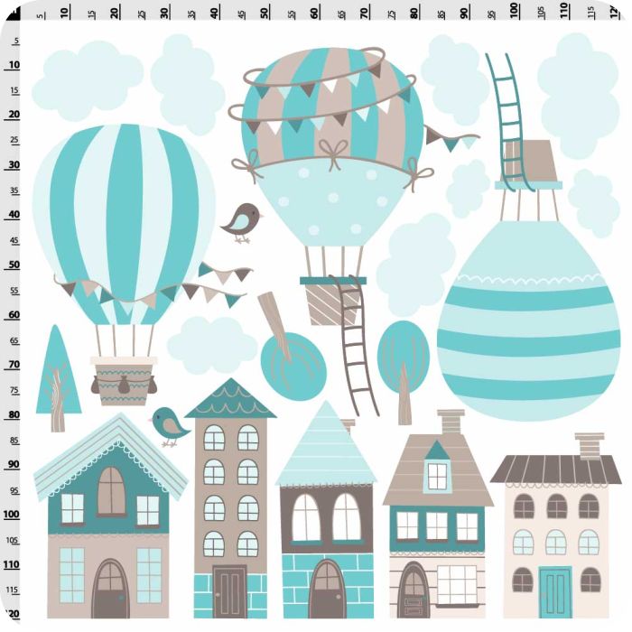 Heißluftballons über Häusern türkis