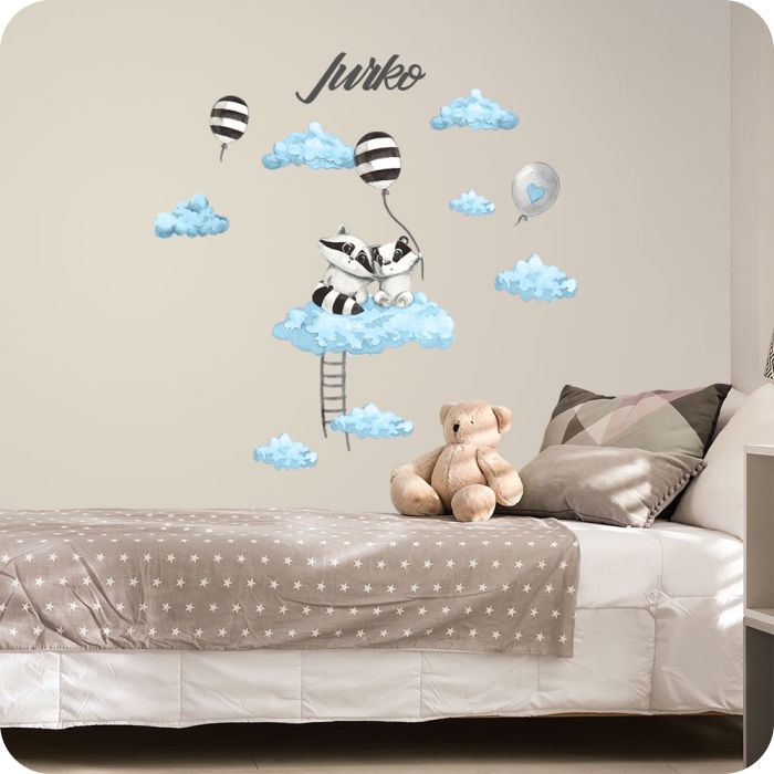 Wandtattoo Waschbären auf der Wolke, blau