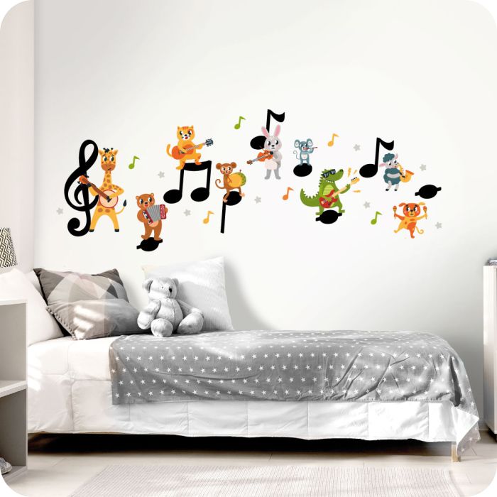 Wandtattoo Musiknoten mit Tieren, schwarz