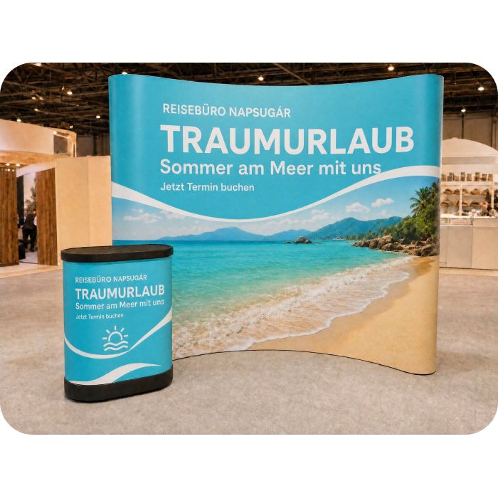 Pop-up-Wand – Reisebüro-Stand mit Theke