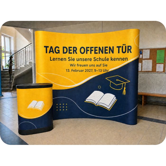 Pop-up-Wand – Tag der offenen Tür in der Schule mit Theke