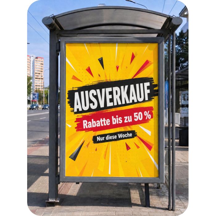 Plakate – Ausverkauf-Plakat an einer Haltestelle