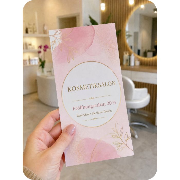 Prospekte – Flyer eines Kosmetiksalons in der Hand
