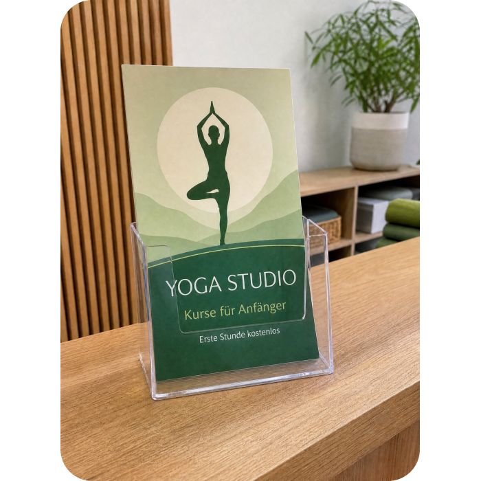 Prospekte – Flyer eines Yogastudios im Halter