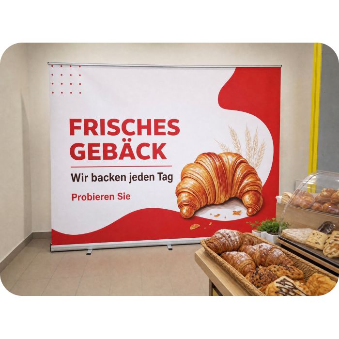 Roll Up Präsentationswand – Messestand einer Bäckerei