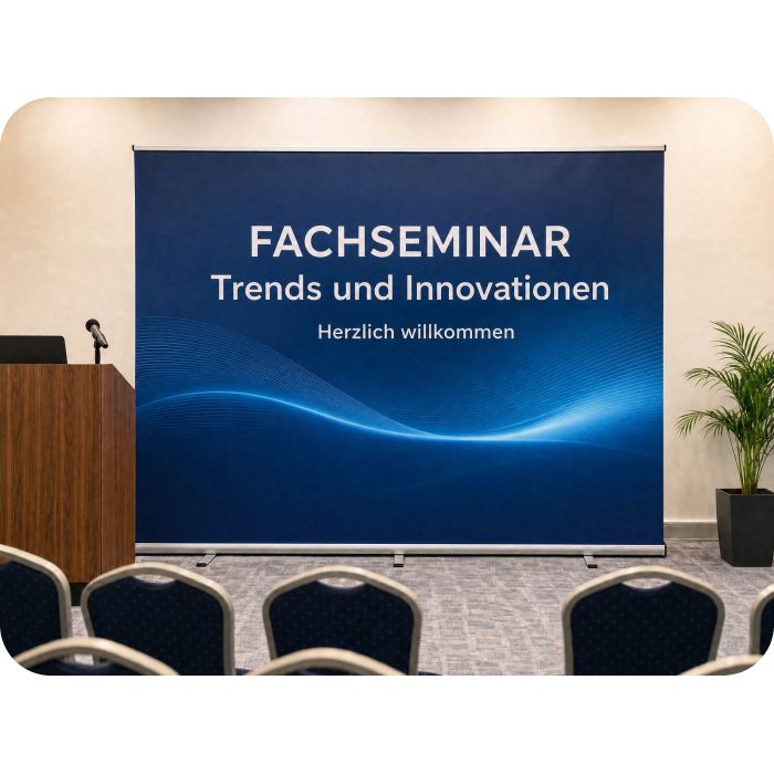 Roll Up Präsentationswand – Fachseminar hinter dem Rednerpult