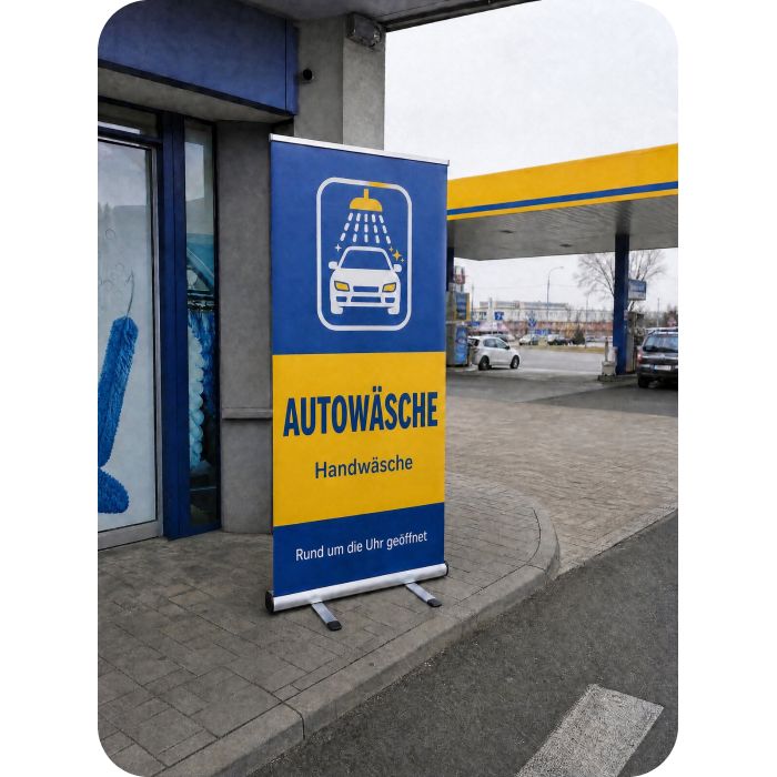 Roll Up Outdoor – Autowäsche an einer Tankstelle