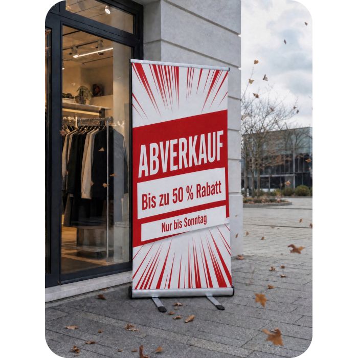 Roll Up Outdoor – Räumungsverkauf vor einem Geschäft