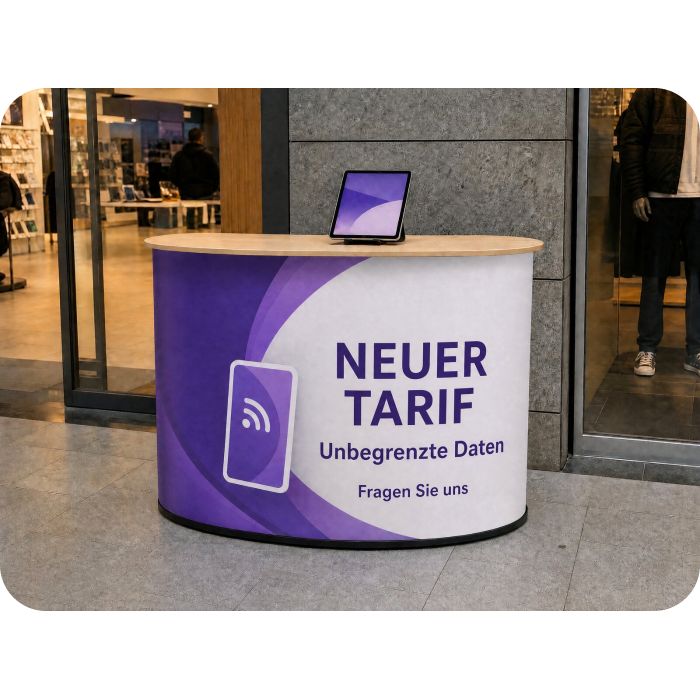 Präsentationstisch Max – Mobilfunktarif im Einkaufszentrum