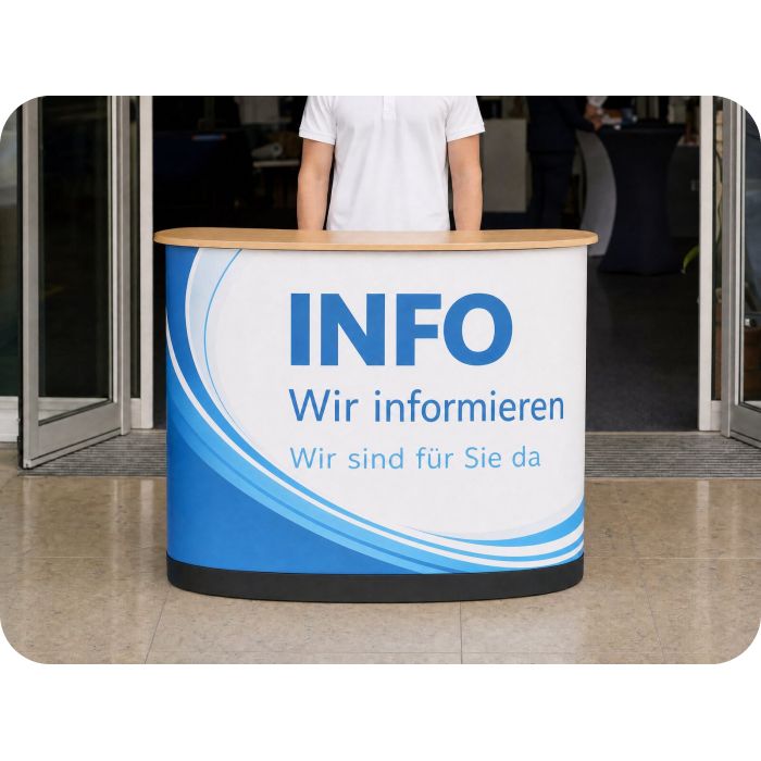 Präsentationstisch Max – Infotheke in einer Messehalle