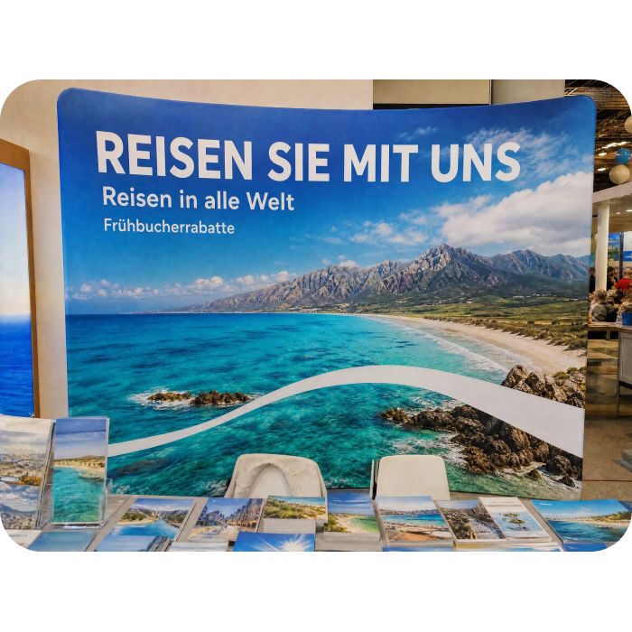Präsentationswand aus Stoff – Messestand eines Reisebüros