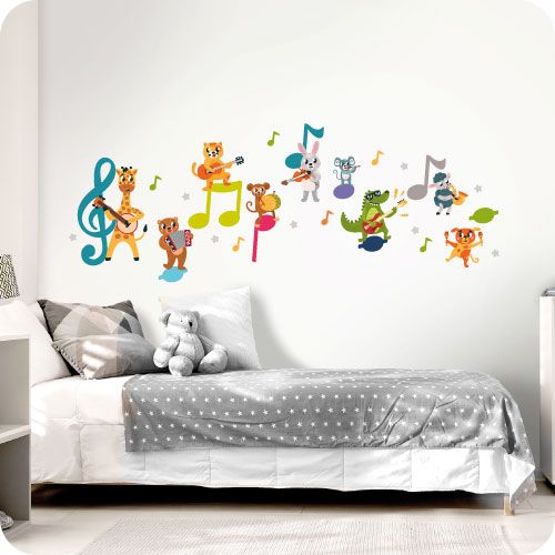 Wandtattoo Musiknoten mit Tieren, bunt